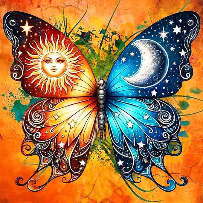 Decorative butterfly with sun on left wing and crescent moon on right wing, ornate swirls and stars on orange background