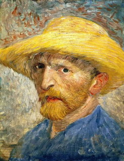 Oil painting self-portrait of Vincent van Gogh wearing a yellow straw hat and blue jacket with visible brushstrokes