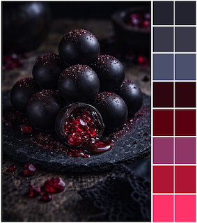 Dark chocolate truffles with red filling on slate plate beside a vertical color palette of gray and red shades