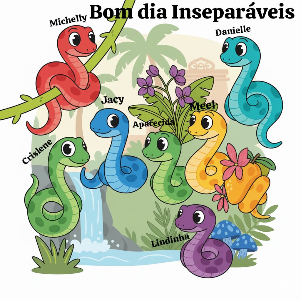 Seven colorful cartoon seahorses with large eyes gathered around a small waterfall with palm trees and flowers