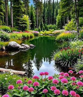 Serene forest pond surrounded by pink flowers, green plants, and tall evergreen trees with reflections in water