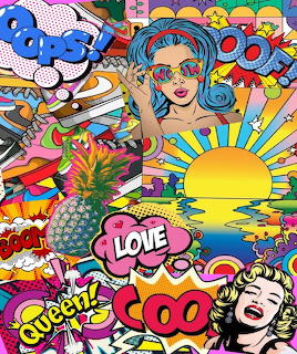Colorful pop art collage with comic bubbles, stylized women, pineapple, and sunset