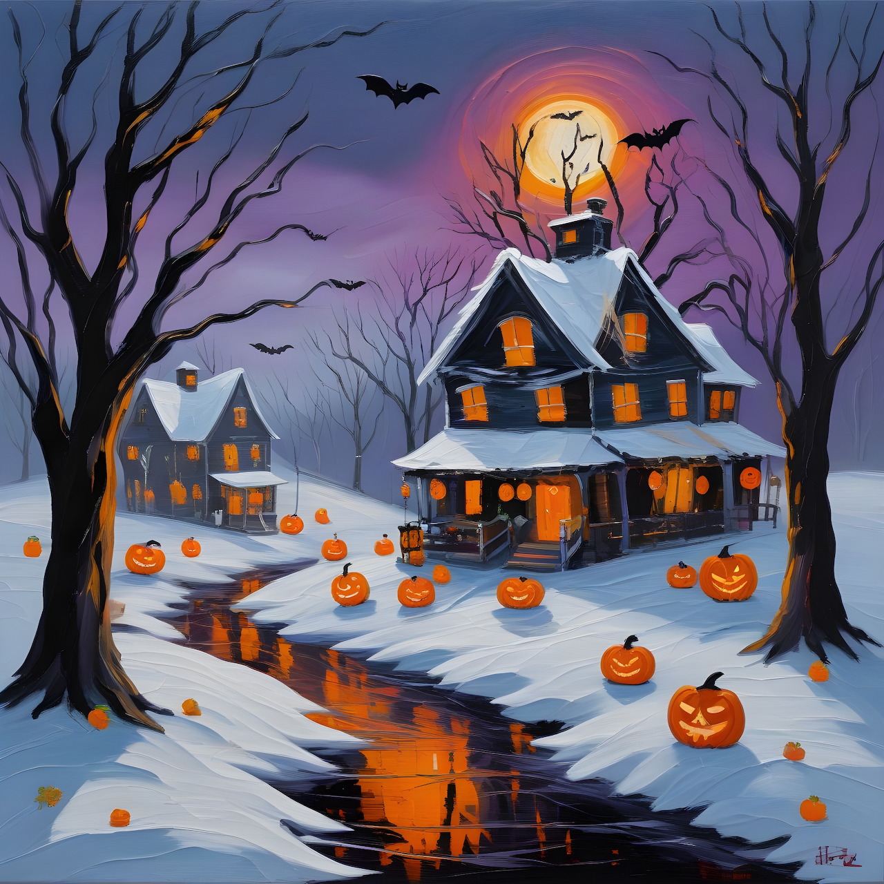 Halloween House Winter Snow Pumpkins
