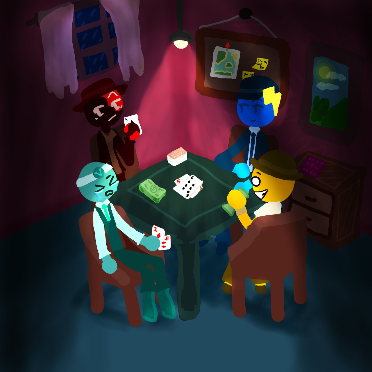 Stylized cartoon characters playing cards around a table in a dark purple room