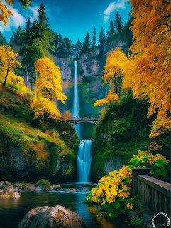 Multi-tiered waterfall flowing under stone bridge surrounded by yellow autumn trees and green forest