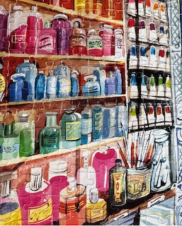 Watercolor painting of shelves stocked with colorful bottles of paint, tubes, and artist brushes
