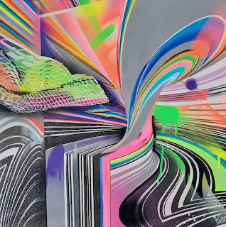 Colorful abstract artwork with curved lines, layered shapes, and neon tones