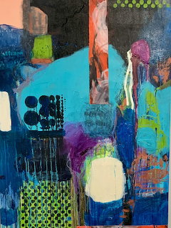 Abstract painting with colorful geometric shapes, patterns, and mixed textures in bright blues, greens, and purples