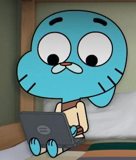 Blue cartoon cat Gumball Watterson sitting with a laptop computer