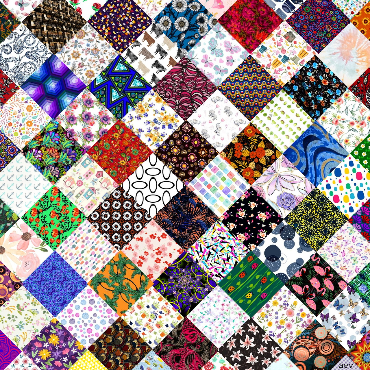 Colorful patchwork quilt with varied fabric squares featuring flowers, geometric shapes, and abstract patterns