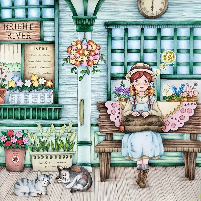 Illustration of a girl on a bench with flowers and a cat in a vintage floral scene