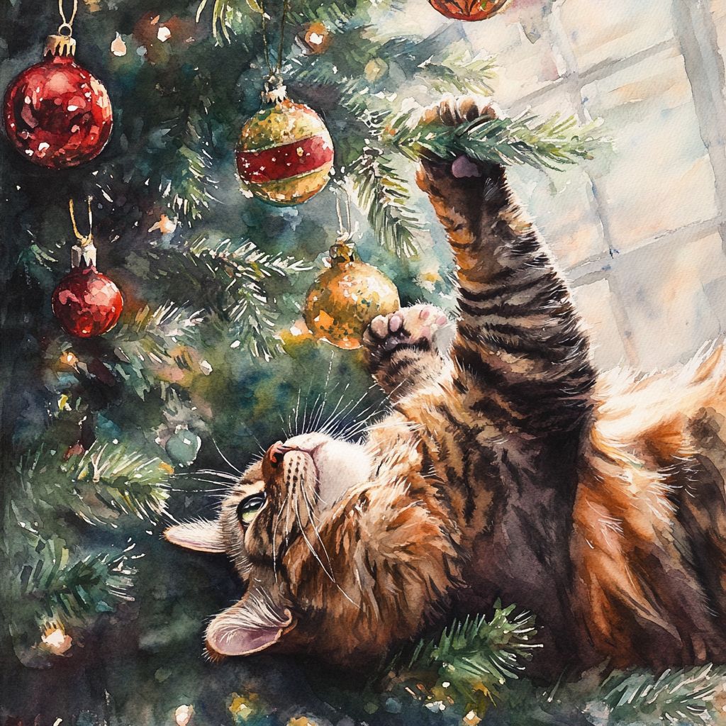 Tabby cat playfully batting at red and gold ornaments hanging on a Christmas tree