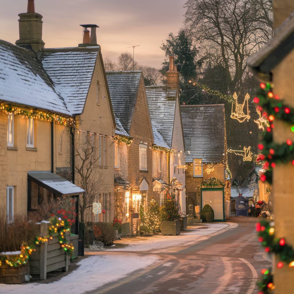 Snowy village street with stone cottages and Christmas lights at dusk