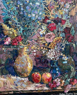 Impressionist painting of colorful flowers in golden vase with fruit on table