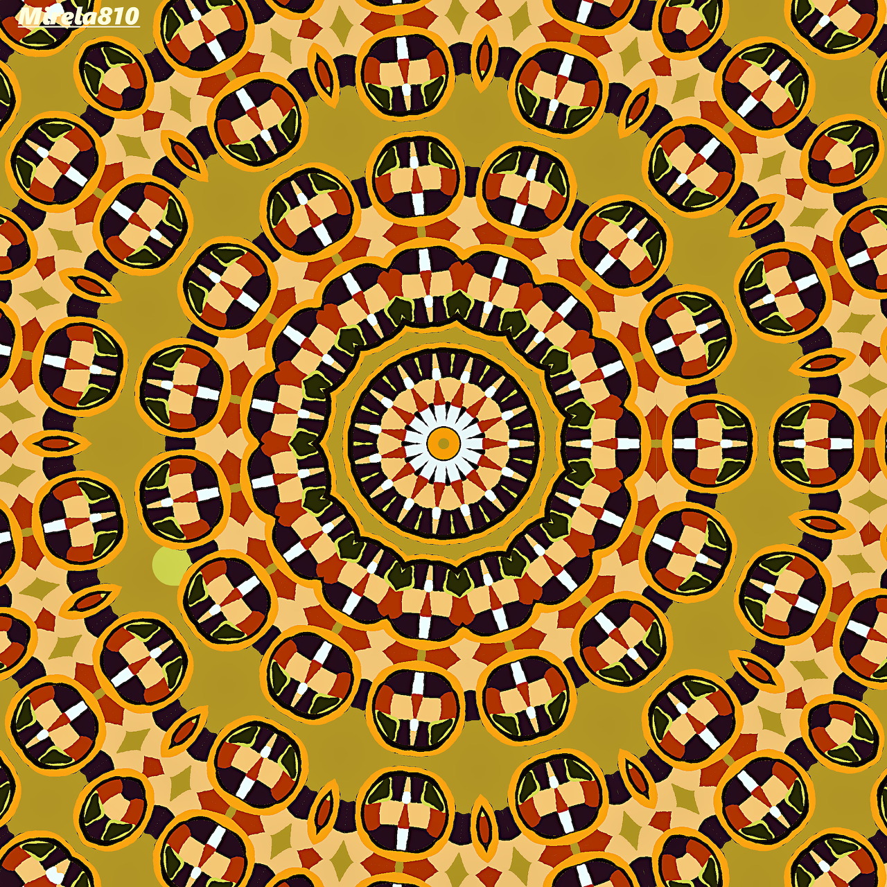 Circular mandala with geometric patterns in warm colors radiating from center