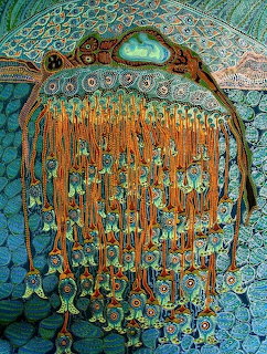 Aboriginal art with intricate dotwork, flowing patterns and vibrant teal, orange and turquoise colors