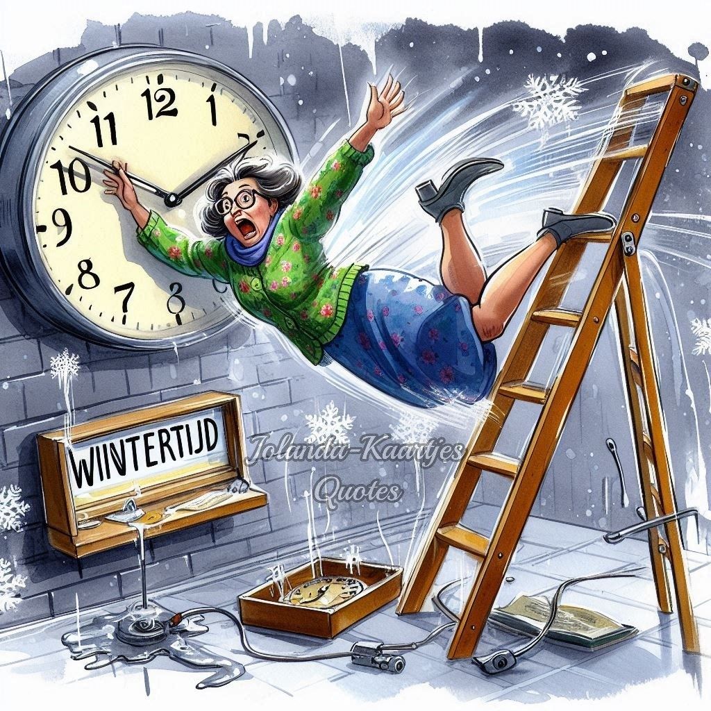 Cartoon man in green sweater falling off ladder with large clock above and paint supplies below