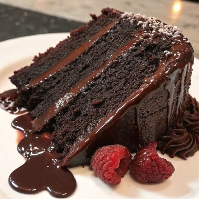 Slice of rich chocolate layer cake with ganache and raspberries