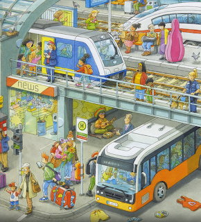 Cartoon illustration of busy multi-level transit station with trains, buses and many travelers