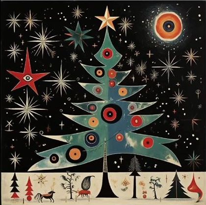 Abstract Christmas artwork inspired by Joan Miró with bold shapes and bright colors