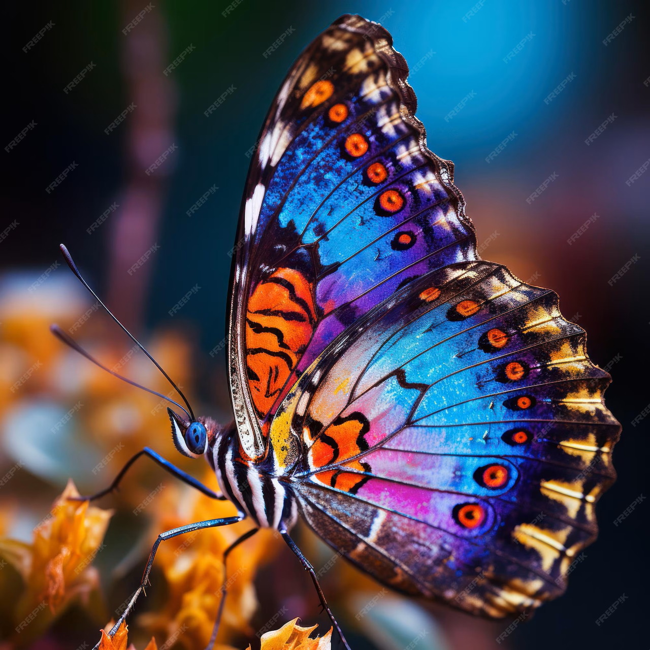 Close-up of a bright blue and orange butterfly with open wings on orange flowers