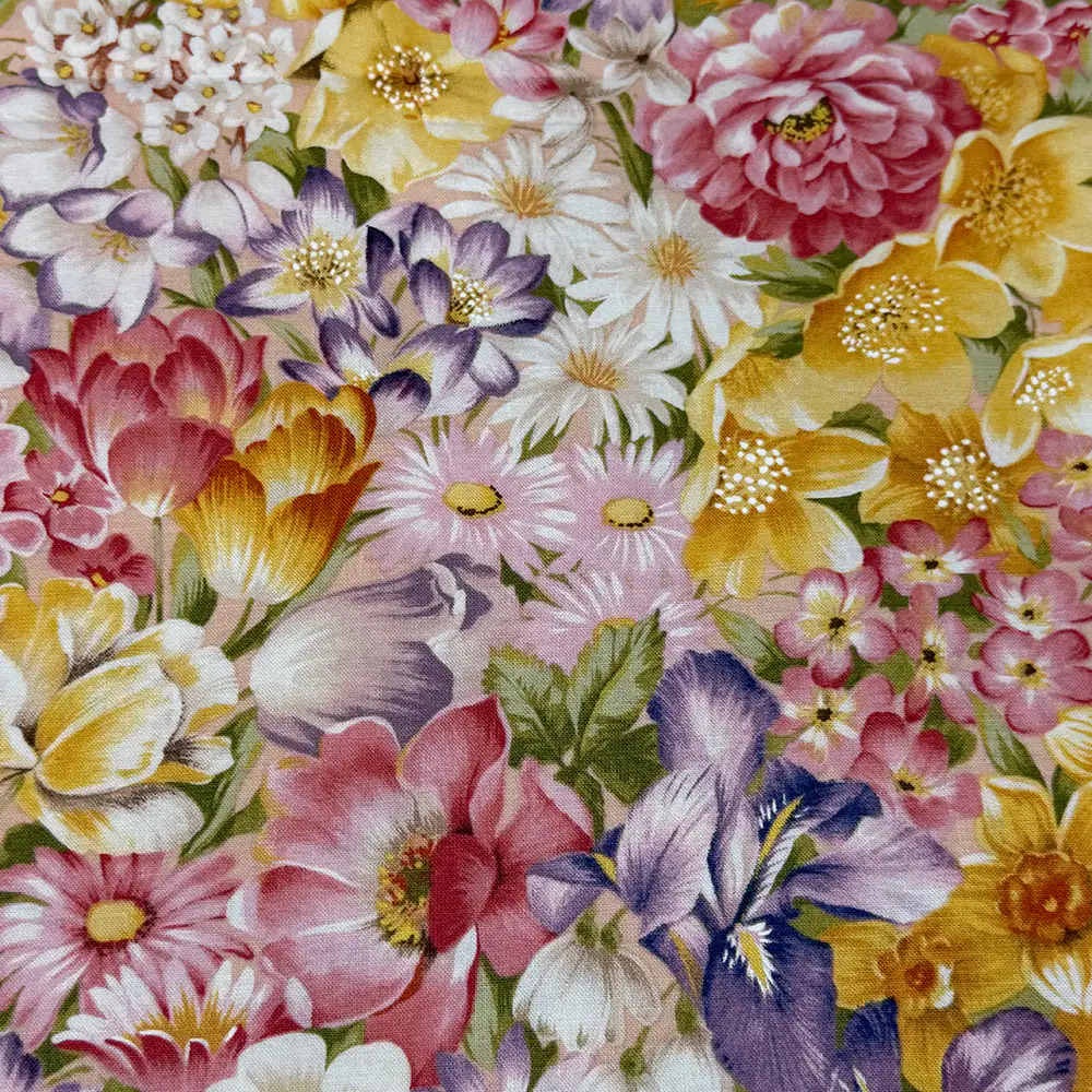Colorful floral artwork with many pink, yellow, white, and purple flowers