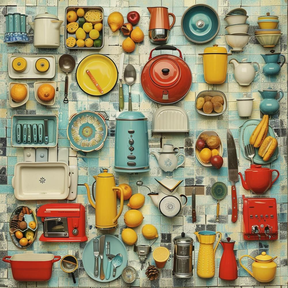 Overhead view of vintage kitchen utensils, appliances, and food arranged in an organized grid pattern