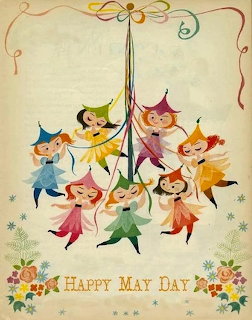 Illustration of children dancing around a maypole with flowers and Happy May Day text