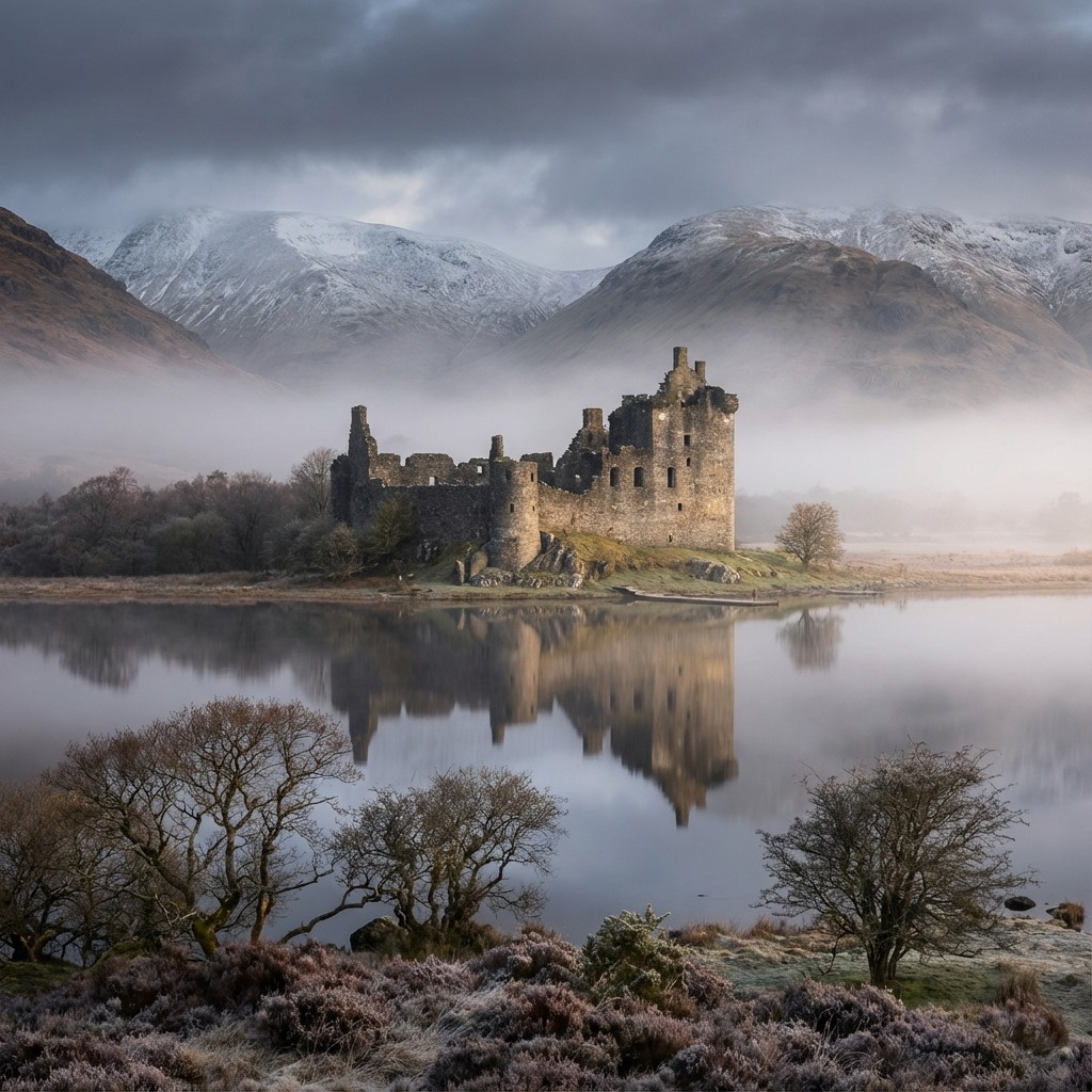 Ruined castle on an island reflected in a misty lake with mountains in the background