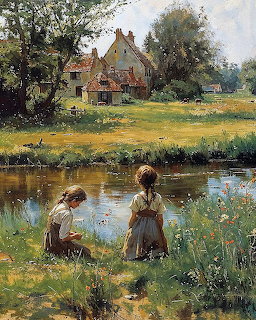 Painting of two girls by a pond in a green rural landscape with a cottage in the background