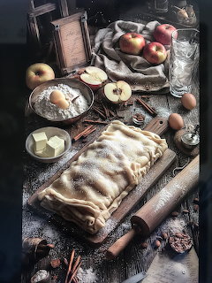 Apple strudel with powdered sugar on wooden board, surrounded by fresh apples and baking ingredients