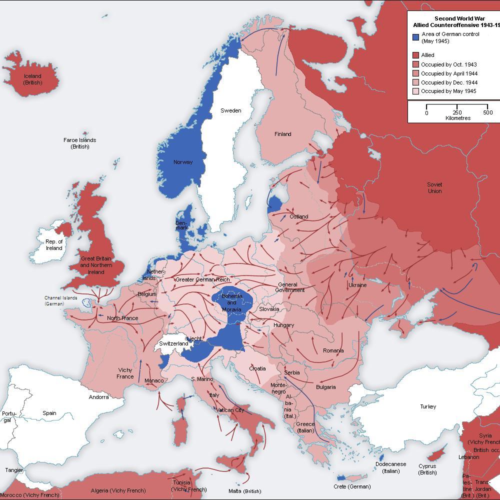 Historical Europe map showing areas under German control at surrender with colored territories and arrows