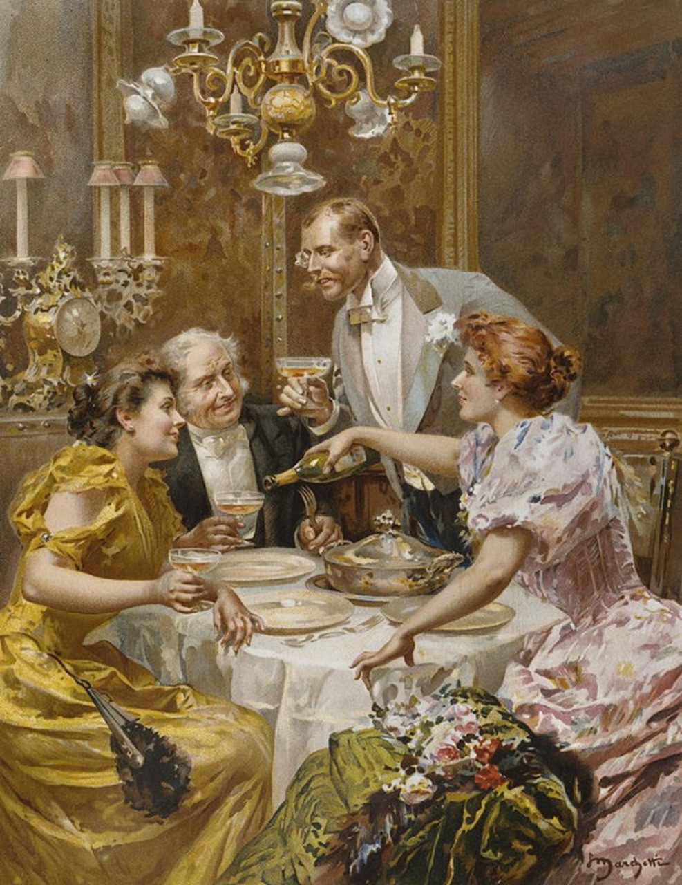 Vintage painting of four people seated and standing around a dining table in an ornate room