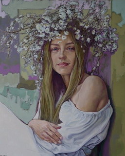 Portrait painting of woman with long blonde hair wearing large floral crown and off-shoulder white top