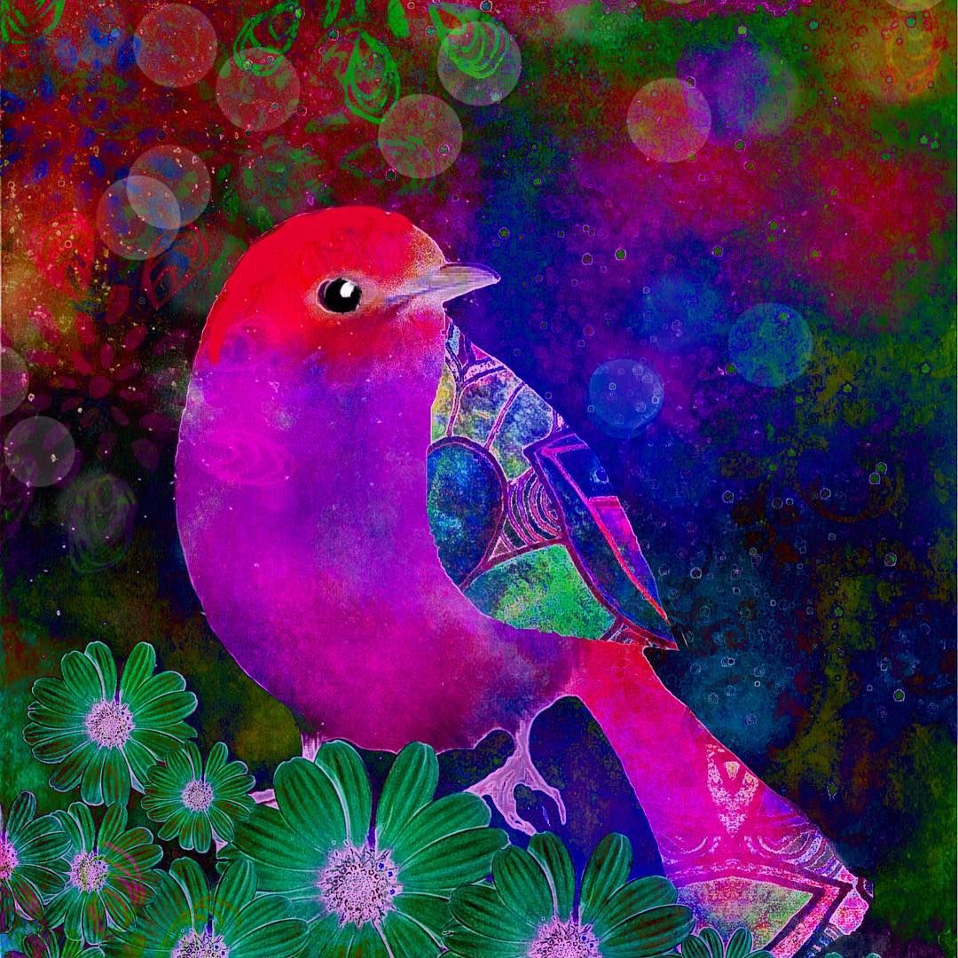 Whimsical illustration of a bright magenta bird with decorative patterns sitting on a branch with flowers and bokeh lights