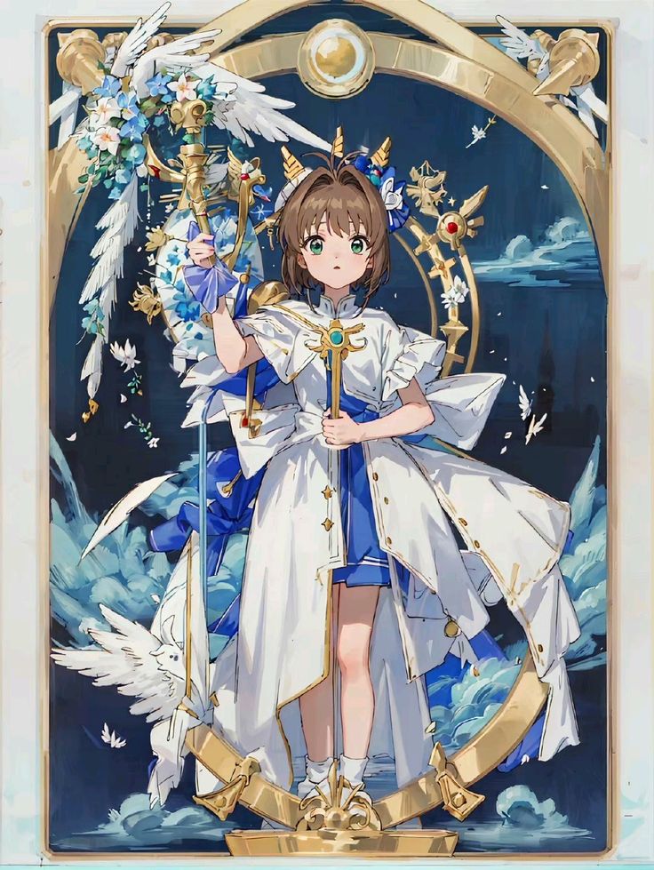 Cardcaptor Sakura anime girl in white magical costume holding a golden flower staff with wings and blue sky background