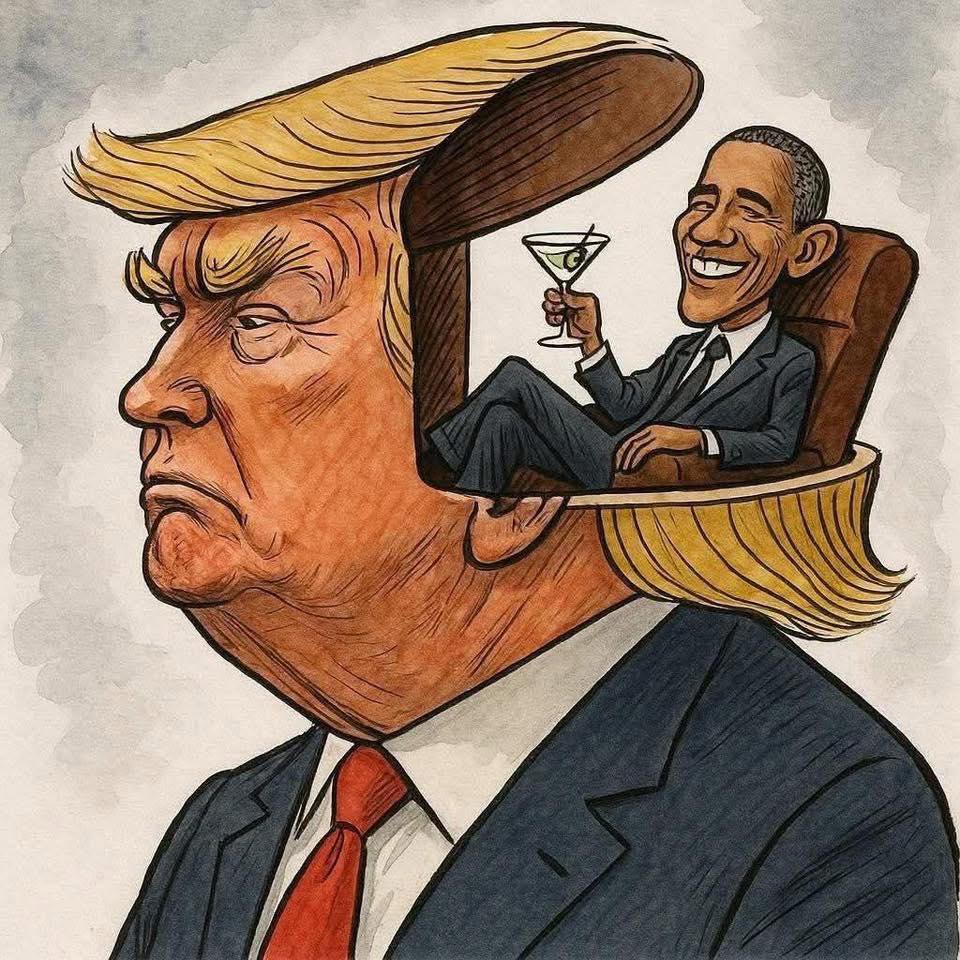 Political satire illustration showing caricatured public figures in an editorial cartoon style