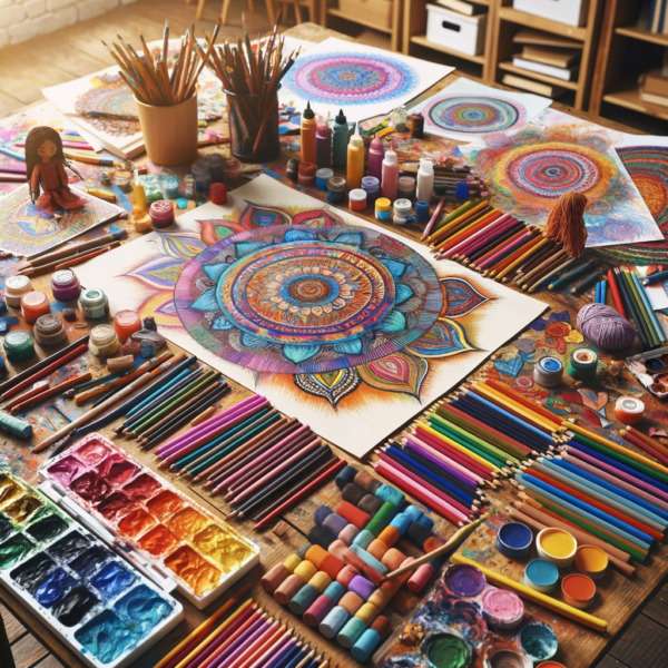 Wooden table covered with colorful mandala drawings, pencils, paints, and brushes