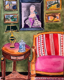 Painting of interior with gallery wall, portrait of woman in purple, pink velvet chair, and round table with vase