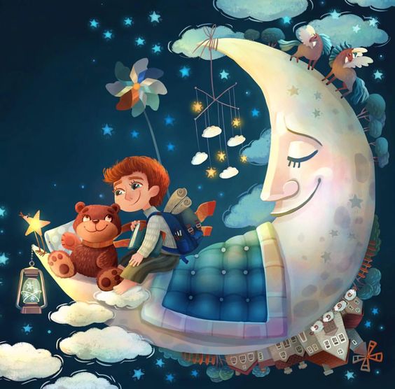 Two children sleeping on a smiling crescent moon in a starry night sky with flowers and lanterns