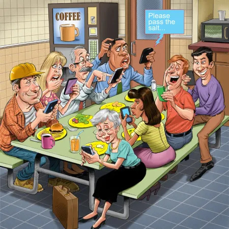 Cartoon of diverse friends texting on phones while sitting together at lunch