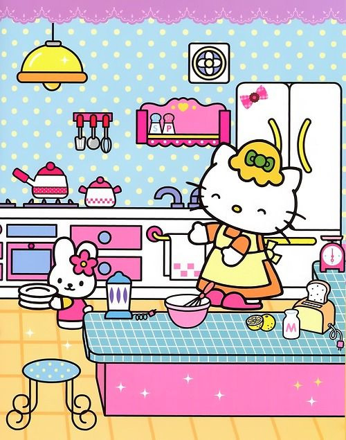 Hello Kitty character in a pastel kitchen with pink furniture and cooking items