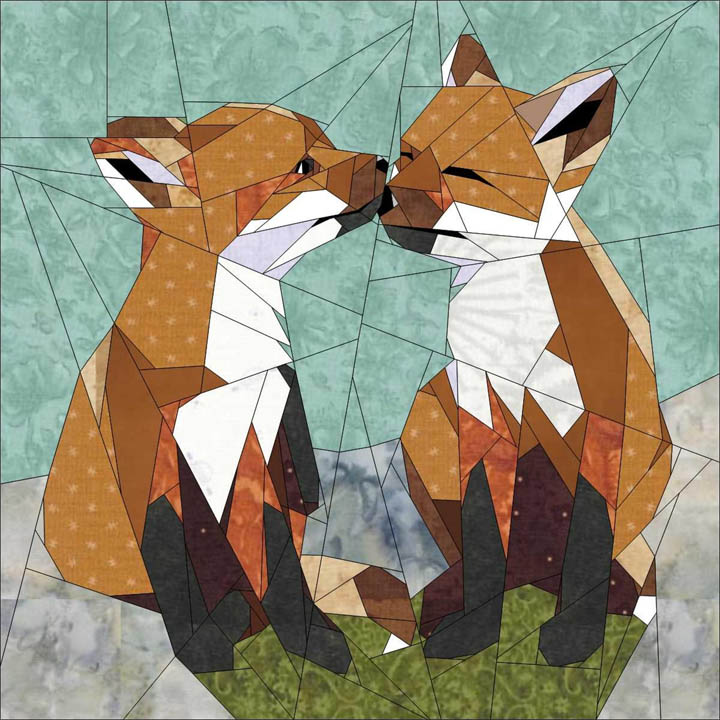 Geometric quilt-style artwork of two foxes facing each other on a teal background