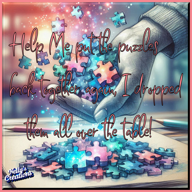 Hands holding colorful jigsaw puzzle pieces above scattered pieces on wooden table