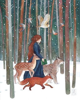 Woman walking with dog and deer through snowy forest with bird overhead