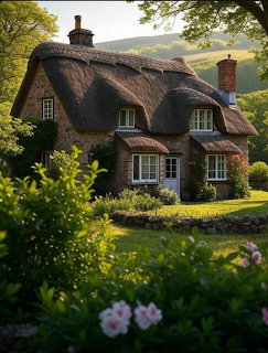 Charming stone cottage with thick thatched roof nestled in green garden with pink flowers and trees