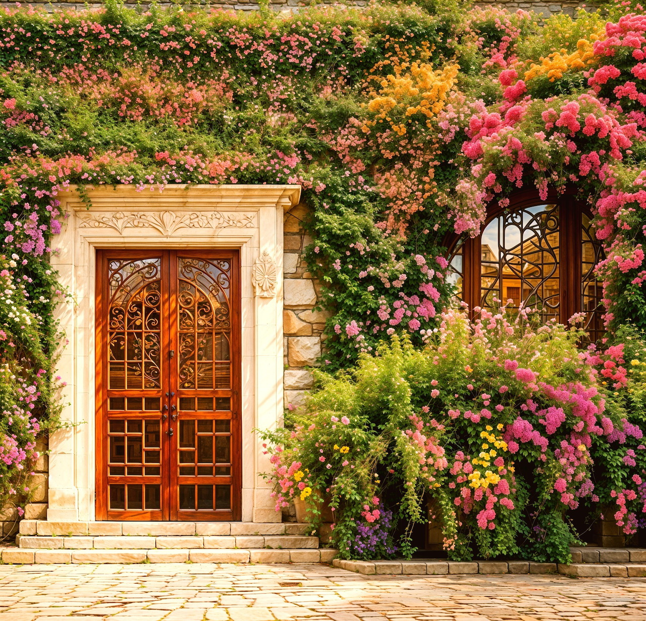 Ornate wooden door in stone archway covered with pink, purple, and yellow flowering vines on a sunny cottage exterior