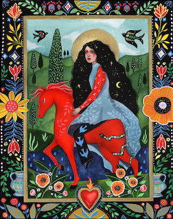 Folk art portrait of woman with long black hair sitting on blue creature, framed by flowers and cacti