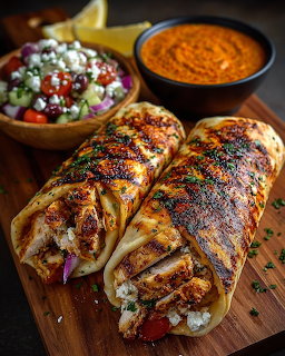 Two herb-crusted stuffed chicken rolls on a cutting board with colorful Greek salad and dipping sauce