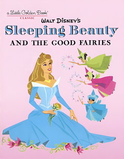Sleeping Beauty in blue dress with three fairies on pink Little Golden Book cover illustration